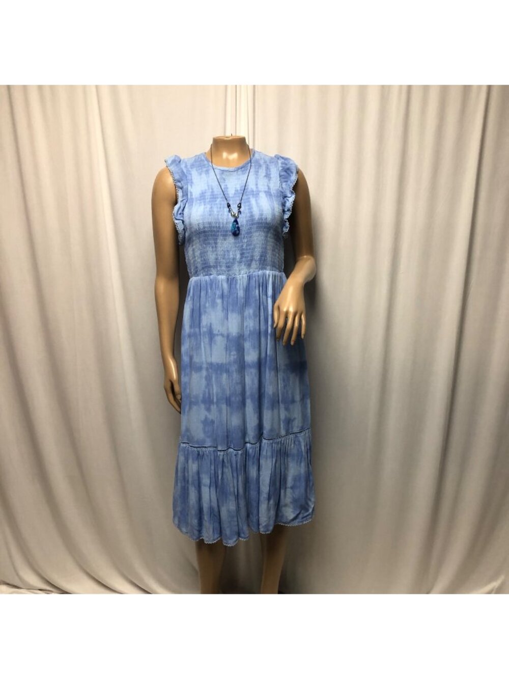 Blue Tie Dye Dress Womens Small 4-6 Sleeveless Smocked Tiered Ruffle Prairie